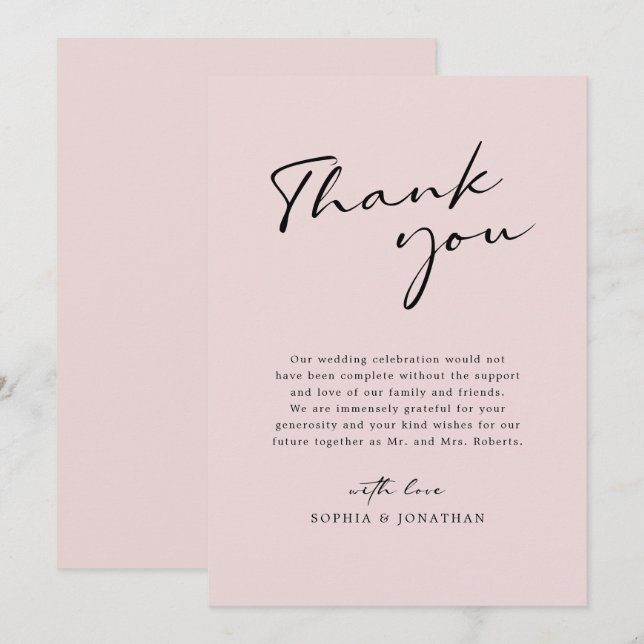 Carte De Remerciements Chic Moderne Calligraphie Blush Rose Simple Mariag (Devant / Derrière)