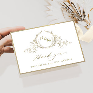 Carte De Remerciements Chic Monogramme Champagne, Cadre Doré Mariage