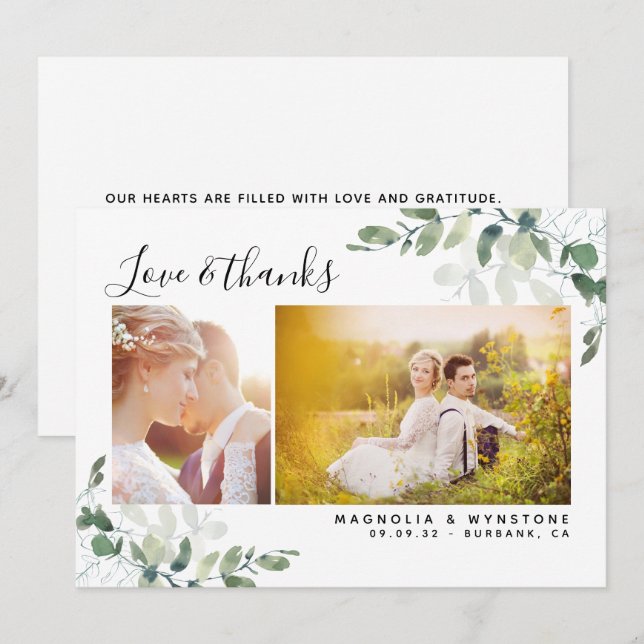 Carte De Remerciements Chic Photo Mariage Eucalyptus (Devant / Derrière)