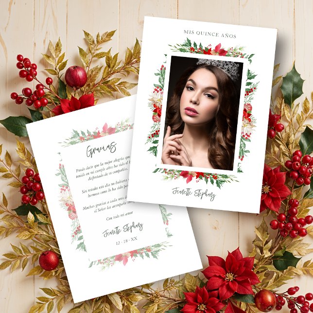 Carte De Remerciements Chic Quinceañera Christmas Poinsettias Frame Photo (Spanish Classic Fancy Quinceañera Christmas Poinsettias Frame Photo Couple Thank You Cards.)