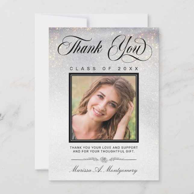 Carte De Remerciements Chic Silver Gold Parties scintillant Photo Graduat (Devant)