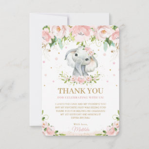 Carte De Remerciements Chic Sweet Elephant Blush Pink Floral 1er annivers