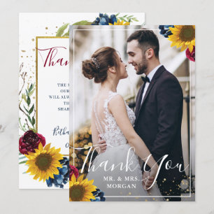 Carte De Remerciements Chic Tournesol Bourgogne Marine Blue Floral Photo