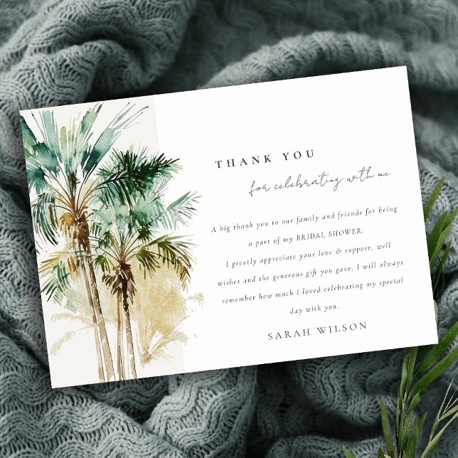 Carte De Remerciements Chic Tropical Aquarelle Palm Trees Fête des mariée (Créateur téléchargé)