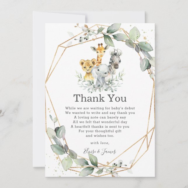Carte De Remerciements Chic vert Jungle Animaux Neutre Baby shower (Devant)
