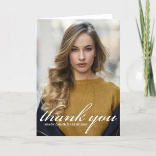 Carte De Remerciements Chic White Script Overlay 2024 Graduate Photo