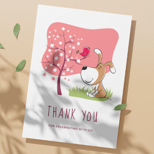 Carte De Remerciements Chien de dessin animé Chiot Oiseau Fleur Rose Anni
