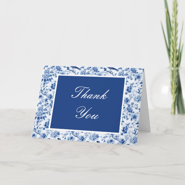 Carte De Remerciements Chinoiserie Baby shower des oiseaux et fleurs bleu (Devant)