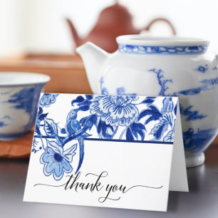 Carte De Remerciements Chinoiserie Bird Floral Bleu Fête des mariées blan