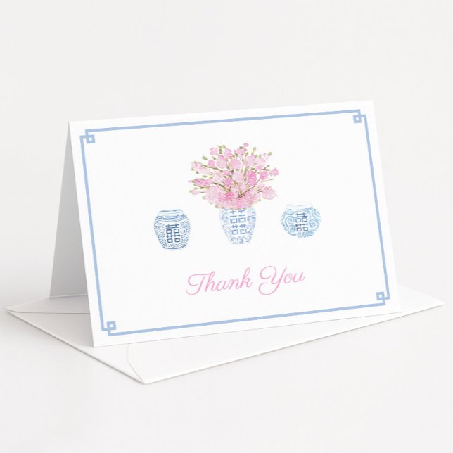 Carte De Remerciements Chinoiserie Chic Ciel Bleu Et Rose Mariage Shower (watercolor blue and white chinoiserie vase filled with pink sakura cherry blossom stems)