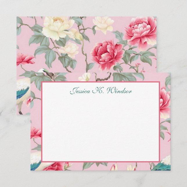 Carte De Remerciements Chinoiserie Floral Rose Egret Personnalisé (Devant / Derrière)