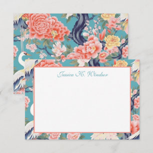 Carte De Remerciements Chinoiserie Turquoise fleuri Egret Personnalisé