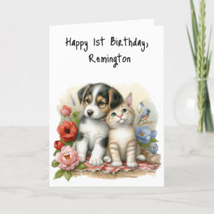 Carte De Remerciements Chiot et chaton bébé premier anniversaire Personna
