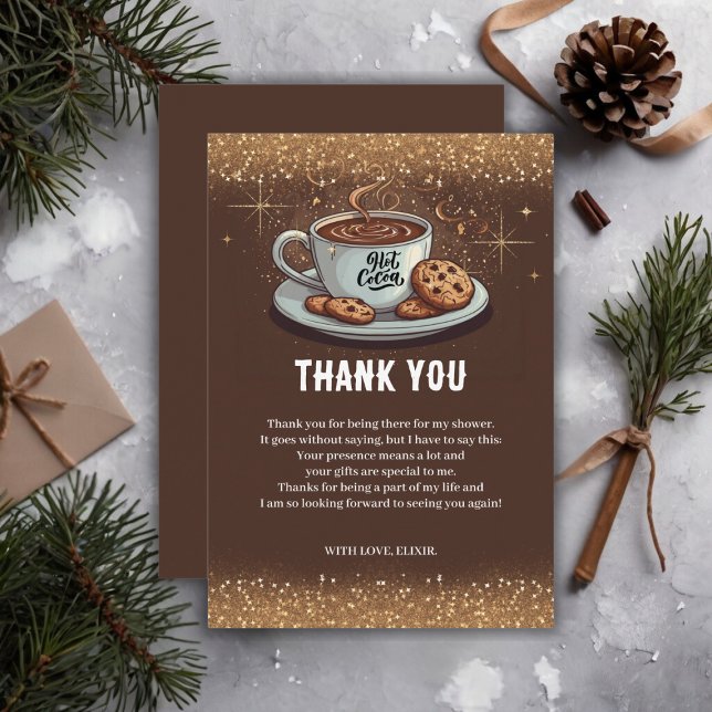 Carte De Remerciements Chocolat Chaud Pailleté d'Or Baby Shower d'Hiver (Créateur téléchargé)