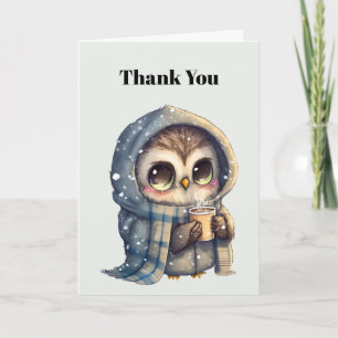 Carte De Remerciements Chouette à gros yeux mignonne tenant un café