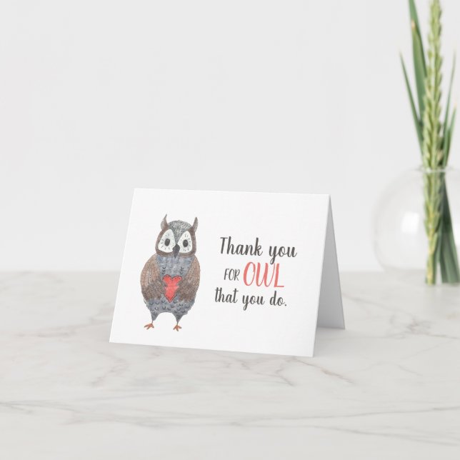 Carte De Remerciements Chouette adorable avec un cœur de remerciement et  (Devant)