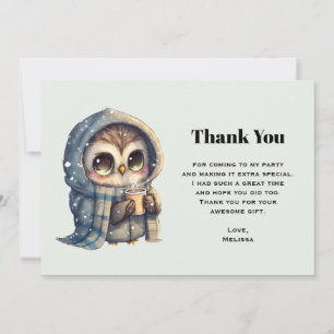 Carte De Remerciements Chouette mignonne en hiver avec café