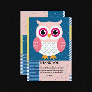 Carte De Remerciements Chouette rose mignonne Baby shower boisé neutre pa