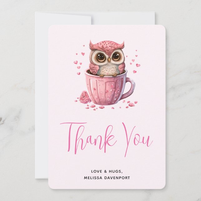 Carte De Remerciements Chouette rose mignonne en coupe (Devant)