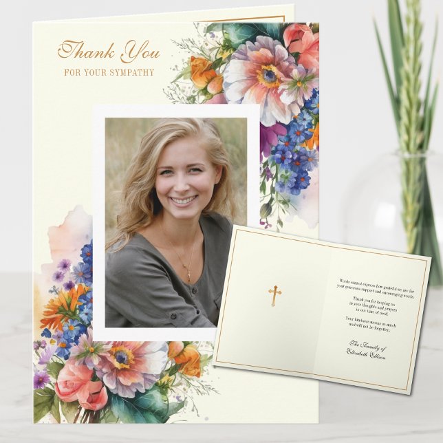 Carte De Remerciements Christian Condolence Floral Photo Appréciation (Traditional Catholic Funeral Memorial Thank You Card)