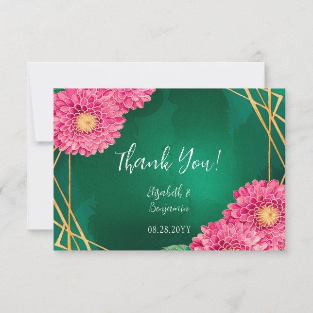 Carte De Remerciements Chrysanthèmes rose Mariage géométrique or (Devant)