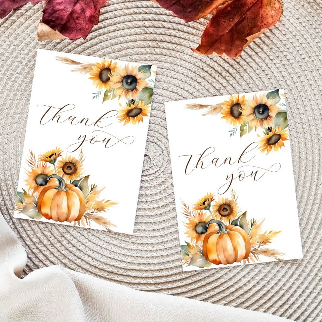 Carte De Remerciements Chute d'amour boho citrouille tournesol douche nup (Boho fall themed bridal shower wedding thank you cards template earthy pumpkins sunflowers pampas)