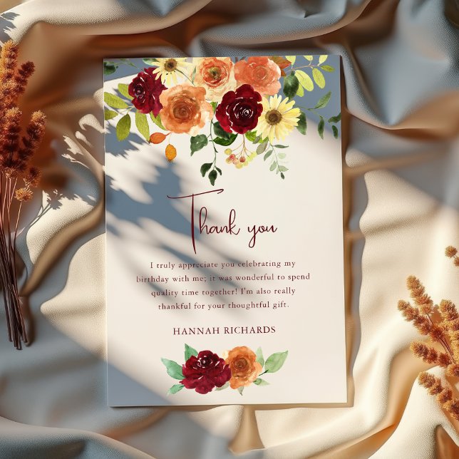 Carte De Remerciements Chute élégante | Anniversaire floral d'automne (Créateur téléchargé)