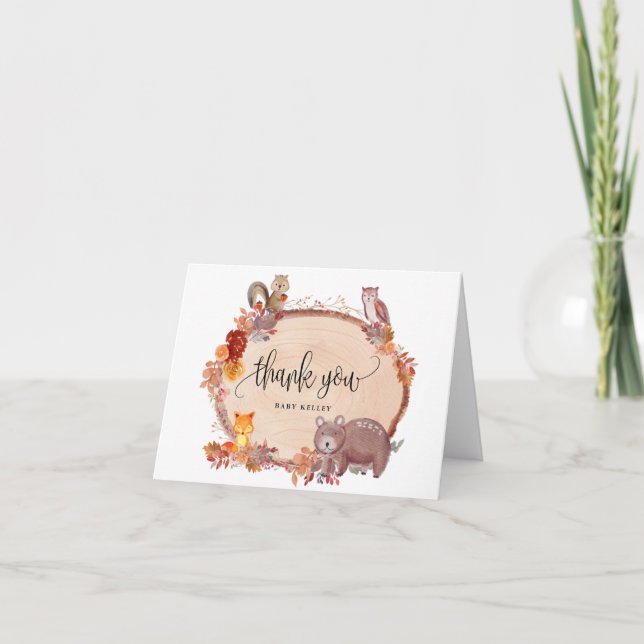 Carte De Remerciements Chute en Amour Animaux des bois, Baby shower rusti (Devant)