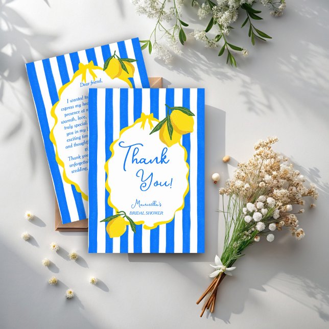 Carte De Remerciements Ciao bella rayures bleues citrons douche de mariée (Ciao bella blue stripes lemons wavy border Italian bridal shower thank you cards)
