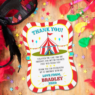 Carte De Remerciements Cirque Big Top Carnaval 1er anniversaire
