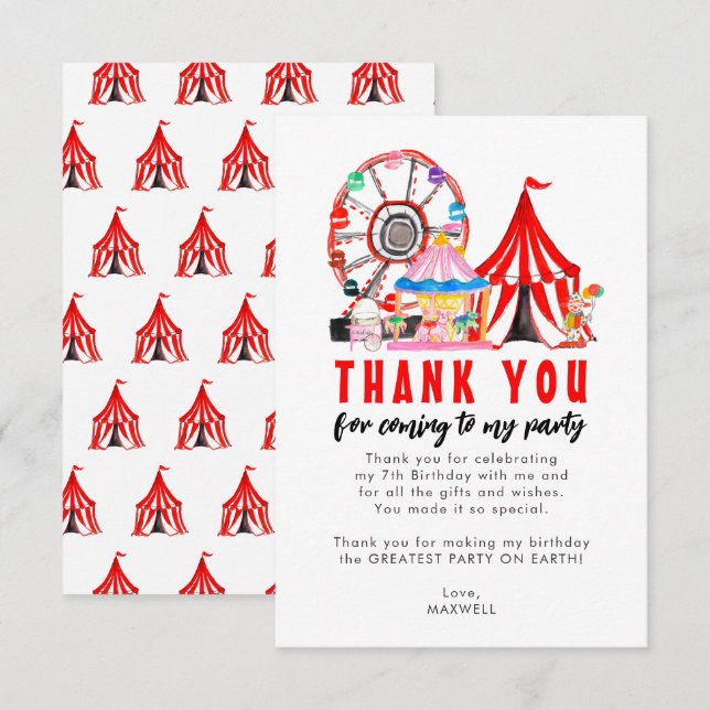 Carte De Remerciements Cirque Carnaval Fête de Ballon de Clown Anniversai (Devant / Derrière)