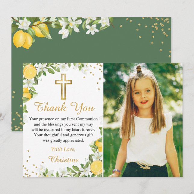 Carte De Remerciements Citron vert Croix d'or Première communion Photo (Devant / Derrière)
