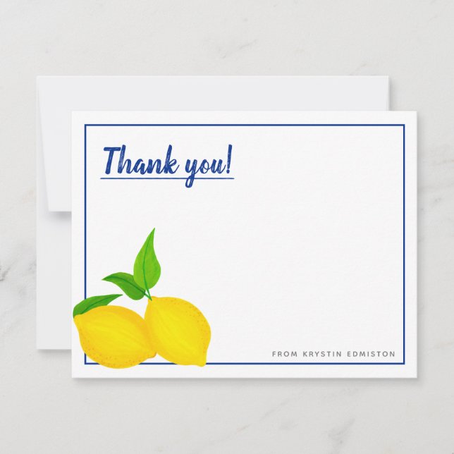 Carte De Remerciements Citrons jaunes modernes sur fond bleu (Devant)