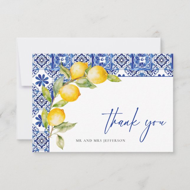 Carte De Remerciements Citrons méditerranéens Carreaux bleus Mariage (Devant)