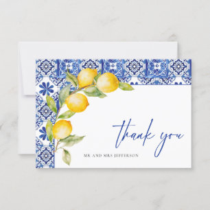 Carte De Remerciements Citrons méditerranéens Carreaux bleus Mariage