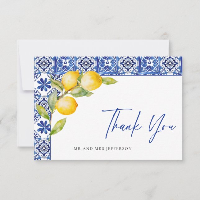 Carte De Remerciements Citrons méditerranéens Carreaux bleus Mariage (Devant)