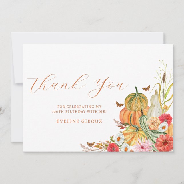 Carte De Remerciements Citrouille Automne Fleur sauvage Floral 100e anniv (Devant)