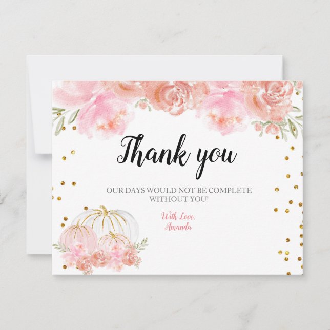 Carte De Remerciements Citrouille d'or rose floral (Devant)