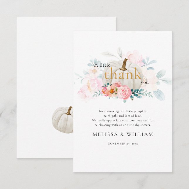 Carte De Remerciements Citrouille floral Baby shower fille chute (Devant / Derrière)