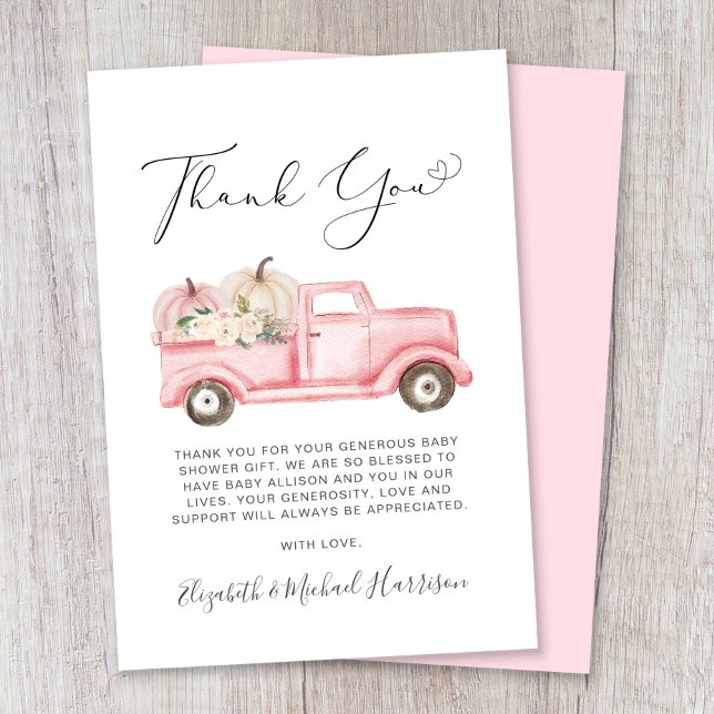 Carte De Remerciements Citrouille Floral Camion Aquarelle bébé fille douc (Créateur téléchargé)