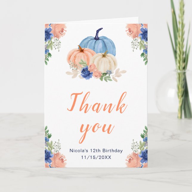 Carte De Remerciements Citrouilles Fleuris Bleu Marine et Rose Anniversai (Devant)