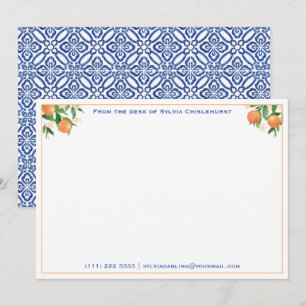 Carte De Remerciements Citrus Oranges Bleu Italien Carreaux Fête des mari