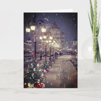 Carte De Remerciements City, snow, lights, all lite up by street lights..