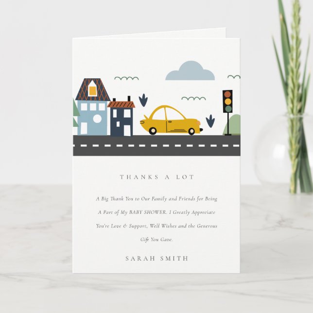 Carte De Remerciements Cityscape Véhicules Urbains Baby shower routier (Devant)