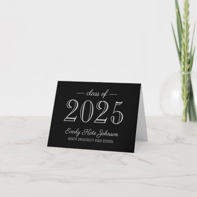 Carte De Remerciements Classe élégante Noir et Argent de 2023 Graduation (Devant)