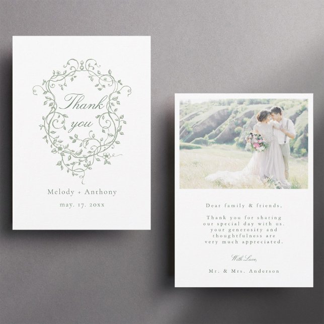 Carte De Remerciements Classic Français Sage Green Floral Crest Photo (Front & Back)