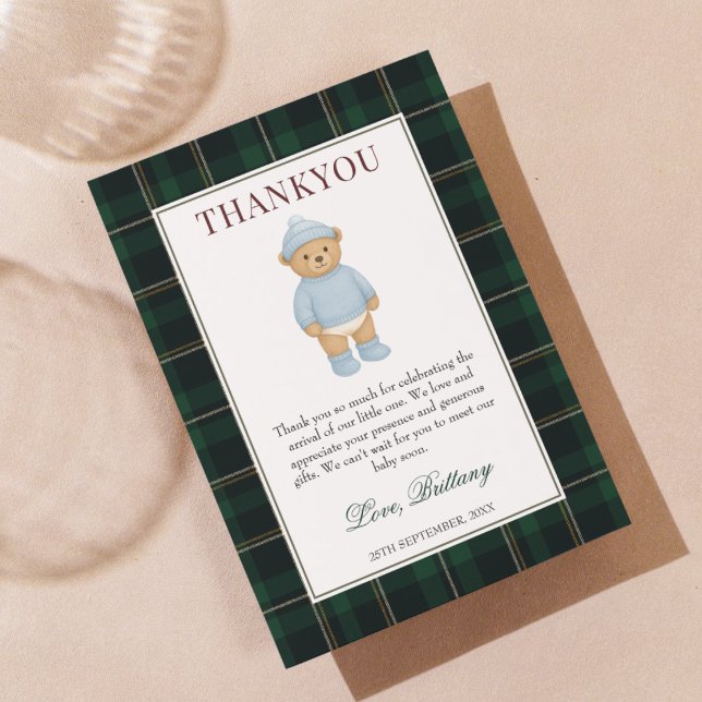 Carte De Remerciements Classic Preppy Bear Designer Plaid Baby Shower (Créateur téléchargé)