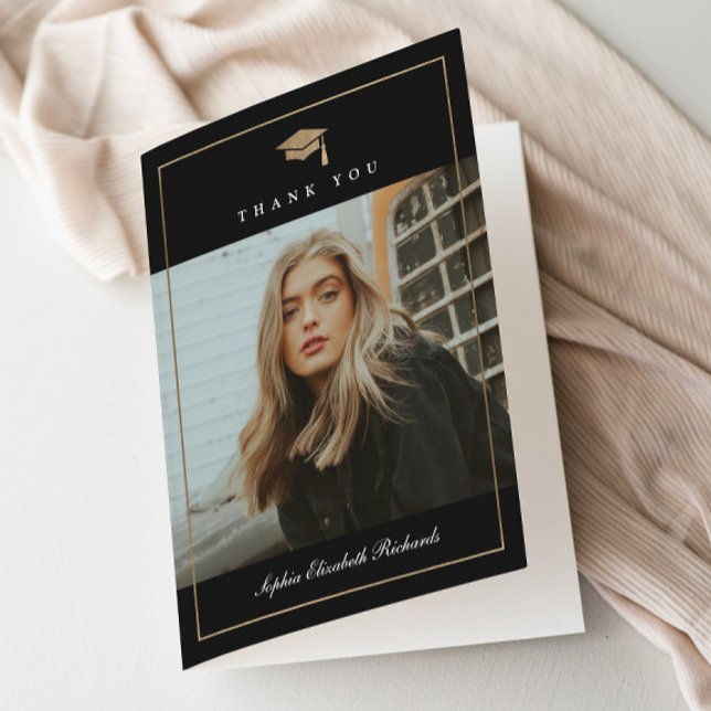 Carte De Remerciements Classic Script Gold Photo Graduation (Elegant Gold Graduation Cap Black and White Photo Graduation Thank You Cards. )