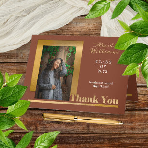 Carte De Remerciements Classy Elegant Gold Text Graduate Photo Terracotta