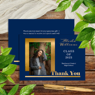 Carte De Remerciements Classy Elegant Gold Texte Gradué 1 Photo Dk Blue
